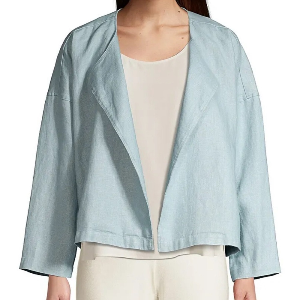 Eileen Fisher Heavy Organic Linen Drape Front Jacket size large light blue